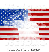 Vector of Silhouetted White Light Saluting Soldier over an American Flag with Rays by AtStockIllustration