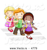 Vector of Smiling Diverse Cartoon School Kids Walking on Crosswalk Together by BNP Design Studio