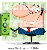 Vector of Smiling White Businessman Holding Cash and One Hand Behind His Back, over Green Question Marks by Hit Toon