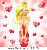 Vector of Stunning Blond Lady in a Red Dress, Holding a Heart over a Bursting Heart Background by Cidepix