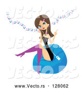Vector of Stylish Young Brunette Lady Sitting on a Bean Bag and Listening to Music Through an Mp3 Player by Peachidesigns