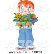 Vector of Sweet Red Haired White Boy Holding a Heart Shaped Flower Bouquet for Valentines or Mothers Day by Pushkin