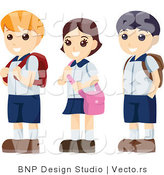 Vector of Three Happy School Kids with Backpacks, Standing in a Single File Line by BNP Design Studio