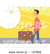 Vector of Traveling Guy Carrying Luggage and Watching a Plane Fly Above by Prawny