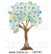 Vector of Tree with Green Foliage and Colorful Spring Blossoms by