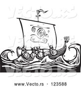 Vector of Viking Warriors and a Dragon Ship at Sea Black and White Woodcut by Xunantunich