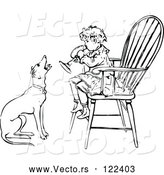 Vector of Vintage Black and White Boy Playing a Horn in a Chair As a Dog Barks Along by Prawny Vintage