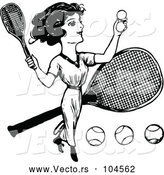 Vector of Vintage Black and White Lady Playing Tennis by Prawny Vintage