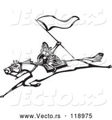 Vector of Warrior with a Flag on a Leaping Horse - Black and White Woodcut by Xunantunich