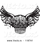 Vector of Winged Day of the Dead Skull in Black Woodcut Style by Xunantunich