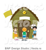 Vector of Young Happy Kids Standing Outside a Small School House by BNP Design Studio