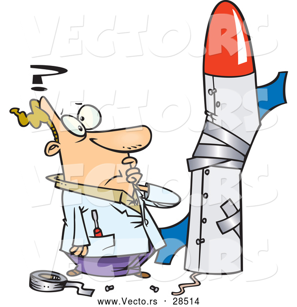 Cartoon of a Confused Man Trying to Build a Rocket