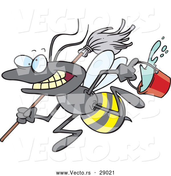 Cartoon of a Vector Busy Janitorial Bee with a Mop and Bucket