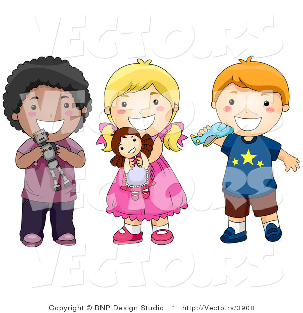 Cartoon Vector of 3 Happy Diverse Kids Holding Toys and Smiling