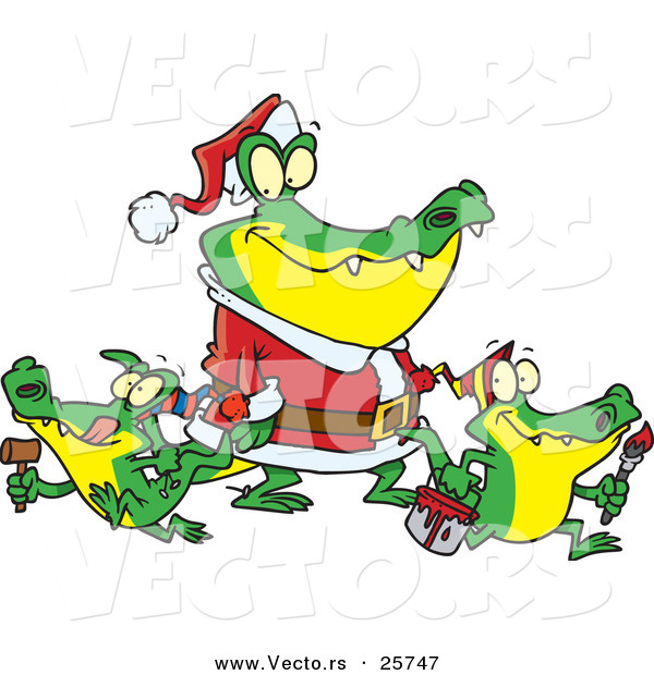 Cartoon Vector of a Alligator Santa with His Family of Baby Gators