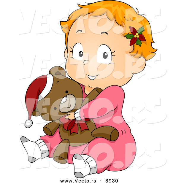 Cartoon Vector of a Baby in Pjs Hugging a Teddy Bear on Christmas