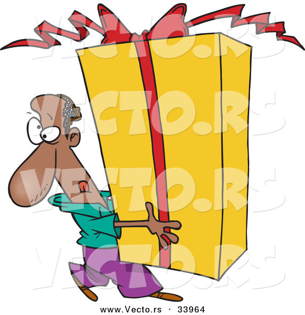 Cartoon Vector of a Black Man Carrying a Giant Present