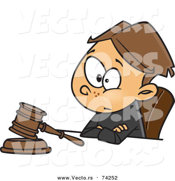 Cartoon Vector of a Boy Judge Sitting with a Gavel