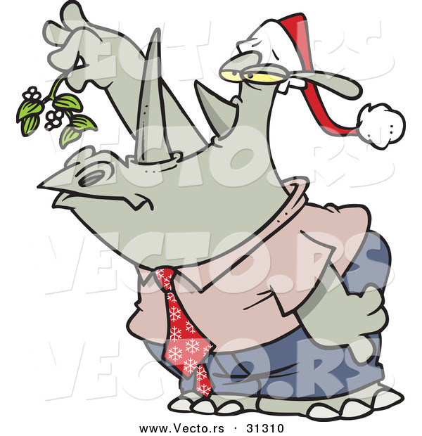 Cartoon Vector of a Business Rhino Holding Mistletoe and Puckering for Kiss