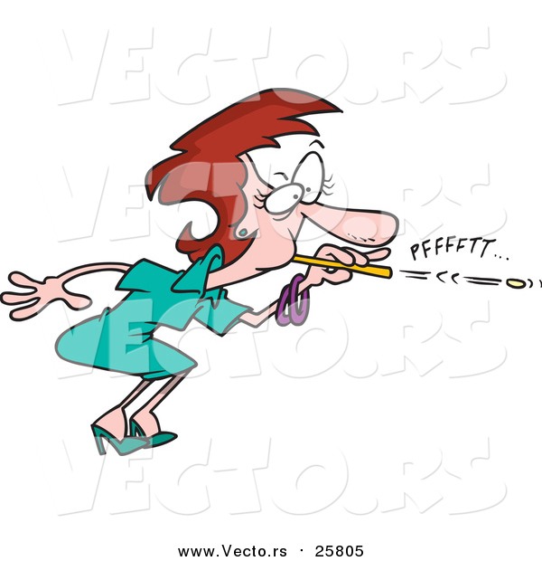 Cartoon Vector of a Business Woman Blowing a Wad Through a Straw
