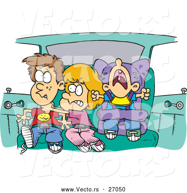 Cartoon Vector of a Cartoon Sister and Brothers Fighting in a Car on a Family Road Trip
