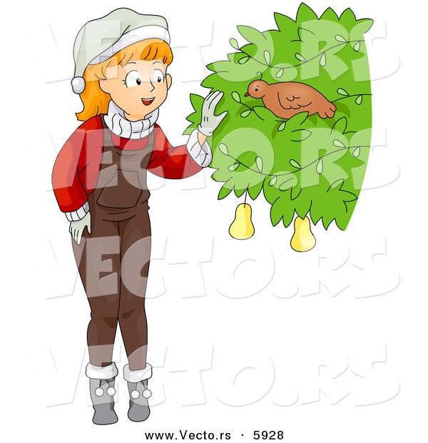 Cartoon Vector of a Christmas Girl Finding a Partridge in a Pear Tree