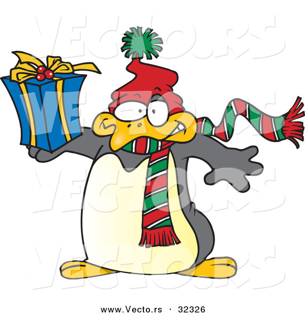 Cartoon Vector of a Christmas Penguin Holding a Present