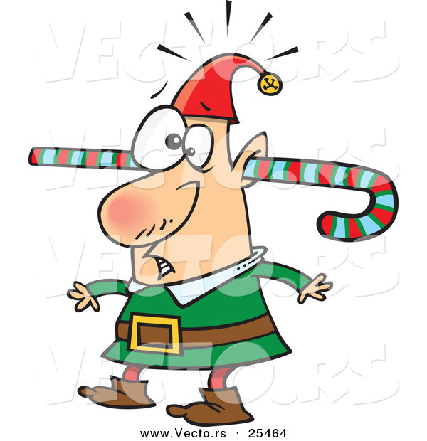 Cartoon Vector of a Confused Elf with Candy Cane Through One Ear and out the Other