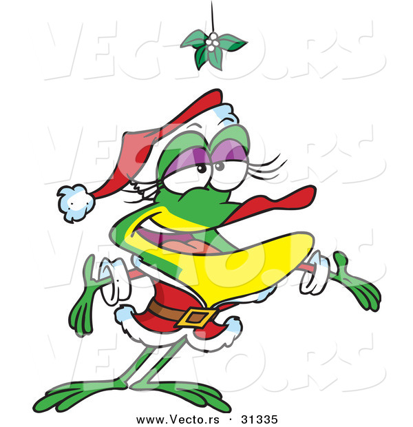Cartoon Vector of a Female Frog Wearing Santa Costume Under Mistletoe