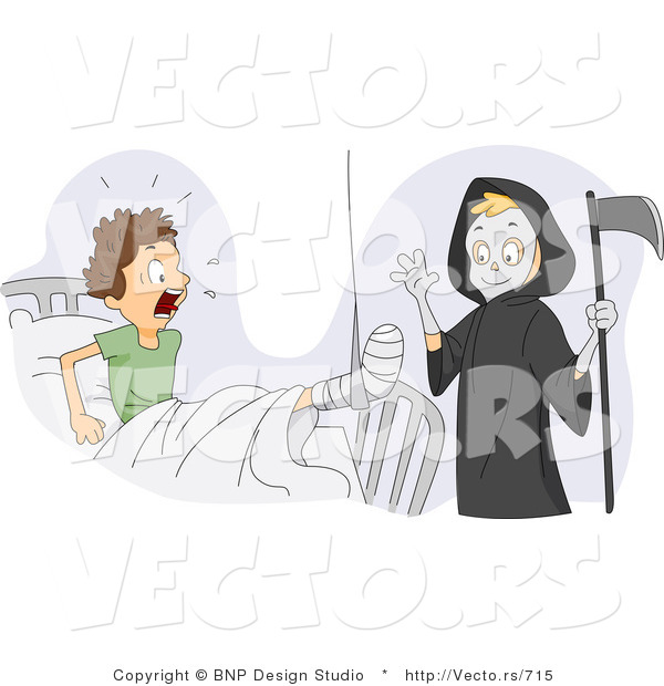 Cartoon Vector of a Funny Grim Reaper Boy Scaring His Injured Friend in a Medical Hospital