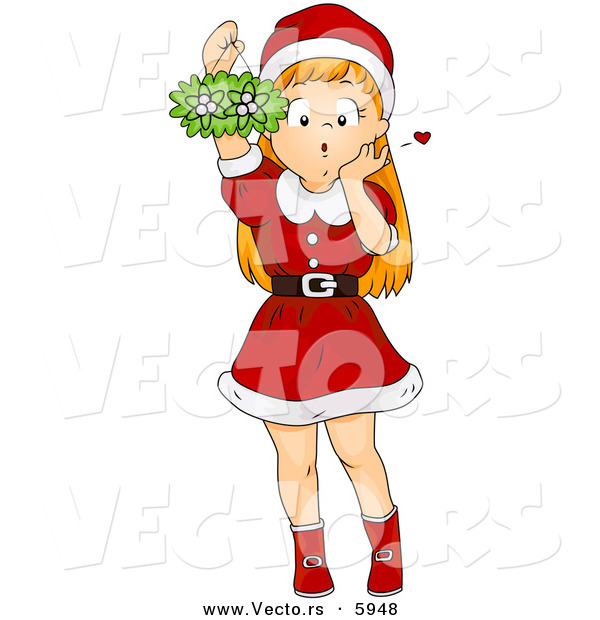 Cartoon Vector of a Girl Holding Christmas Mistletoe