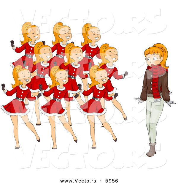 Cartoon Vector of a Girl with Nine Dancing Ladies During Christmas