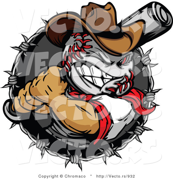 Cartoon Vector of a Grinning Baseball Cowboy Batting Within Barbed Wire Circle Icon