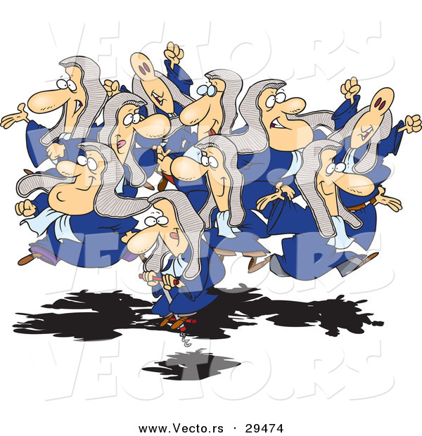 Cartoon Vector of a Group of Happy Jumping Religious People, One on a Pogo Stick