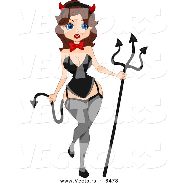 Cartoon Vector of a Halloween Devil Pinup Girl with a Pitchfork
