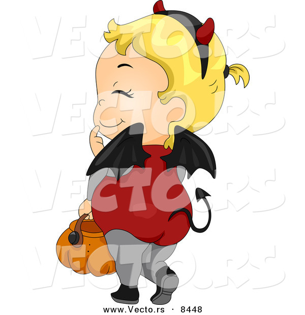 Cartoon Vector of a Halloween Devil Toddler Girl Carrying a Pumpkin Basket