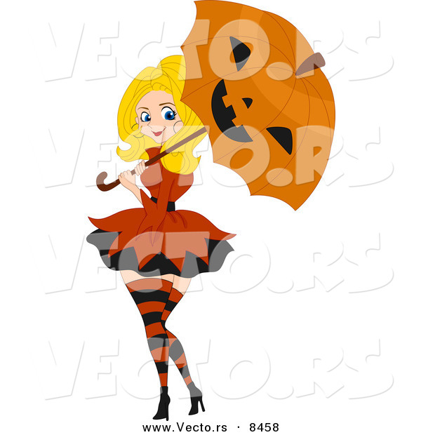 Cartoon Vector of a Halloween Pinup Girl Using Jack O'Lantern Umbrella