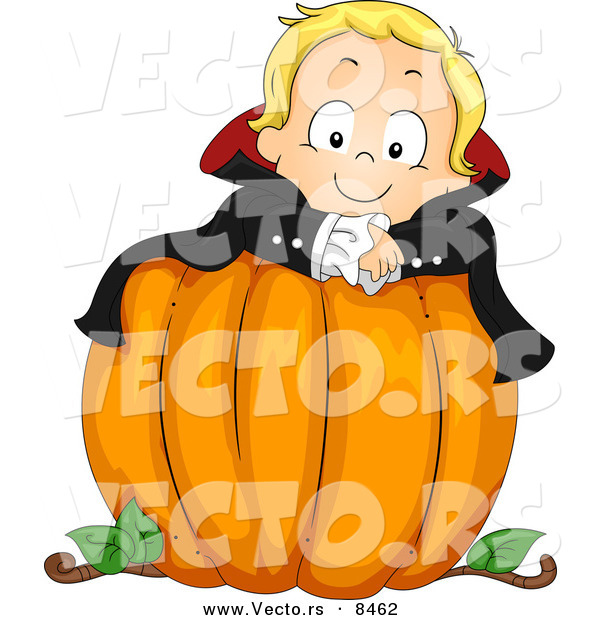 Cartoon Vector of a Halloween Vampire Boy on a Large Pumpkin