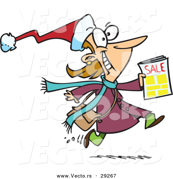 Cartoon Vector of a Happy Black Friday Shopper Running with Sale Ads