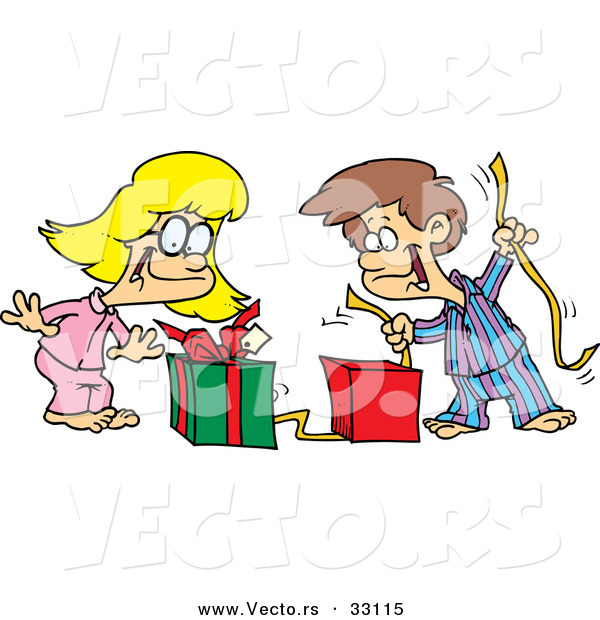 Cartoon Vector of a Happy Boy and Girl Opening Christmas Presents