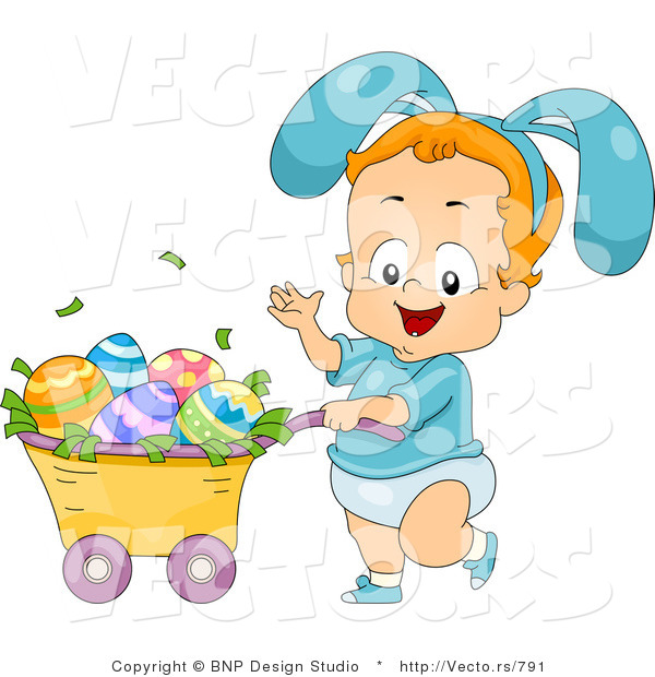 Cartoon Vector of a Happy Boy Pushing Cart Full of Easter Eggs