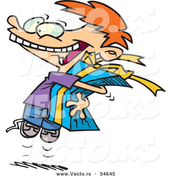 Cartoon Vector of a Happy Boy Squeezing Present While Jumping for Joy