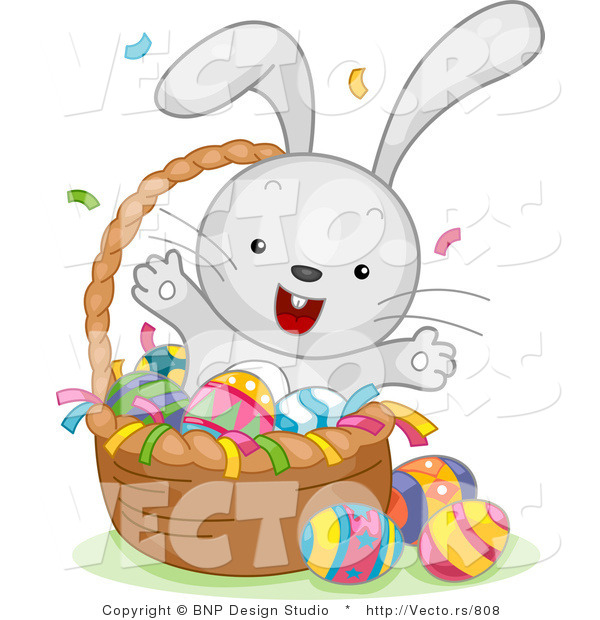 Cartoon Vector of a Happy Bunny Celebrating Easter in a Basket with Eggs