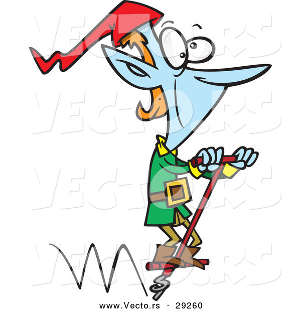 Cartoon Vector of a Happy Christmas Elf Jumping on Pogo Stick Toy