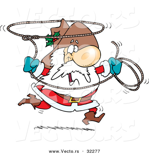 Cartoon Vector of a Happy Cowboy Santa Swinging Lasso Rope