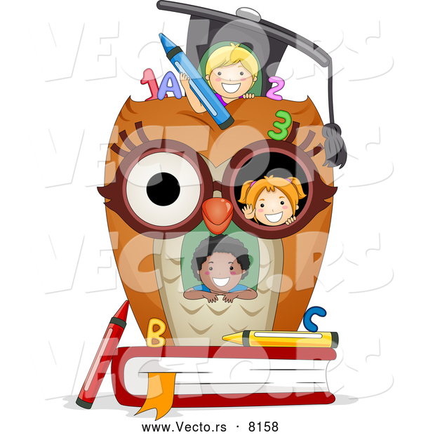 Cartoon Vector of a Happy Diverse Student Kids in an Owl School House
