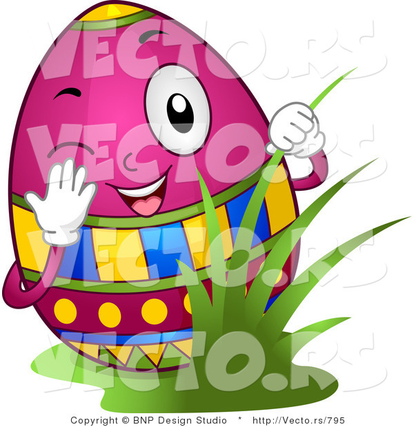 Cartoon Vector of a Happy Easter Egg Peeking Around Grass