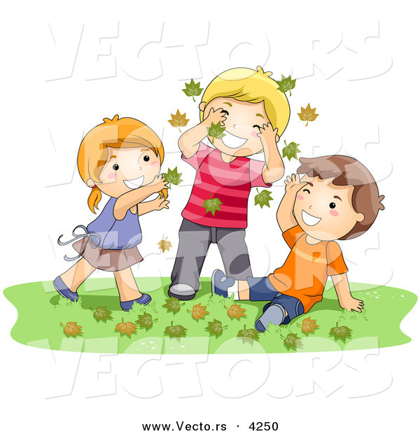 Cartoon Vector of a Happy Girl and 2 Boys Playing in Autumn Leaves