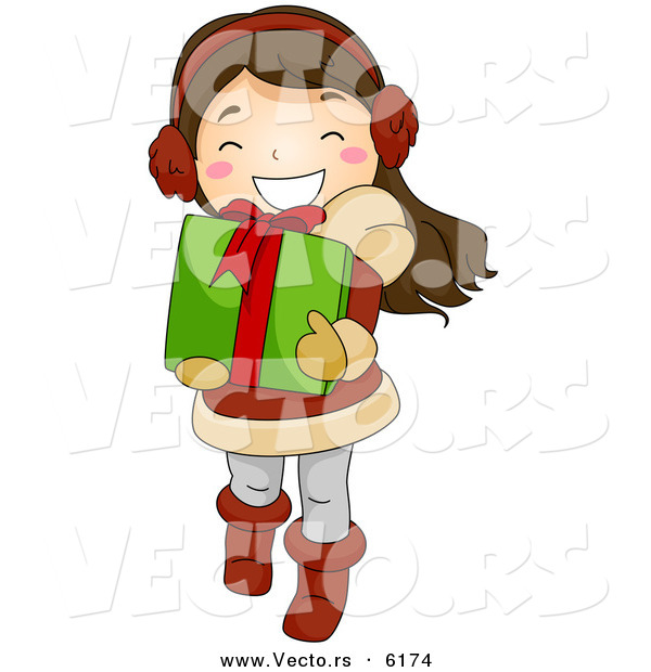Cartoon Vector of a Happy Girl Carrying a Christmas Present