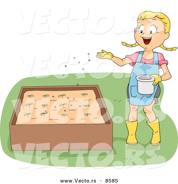 Cartoon Vector of a Happy Girl Fertilizing Plants in a Raised Garden ...